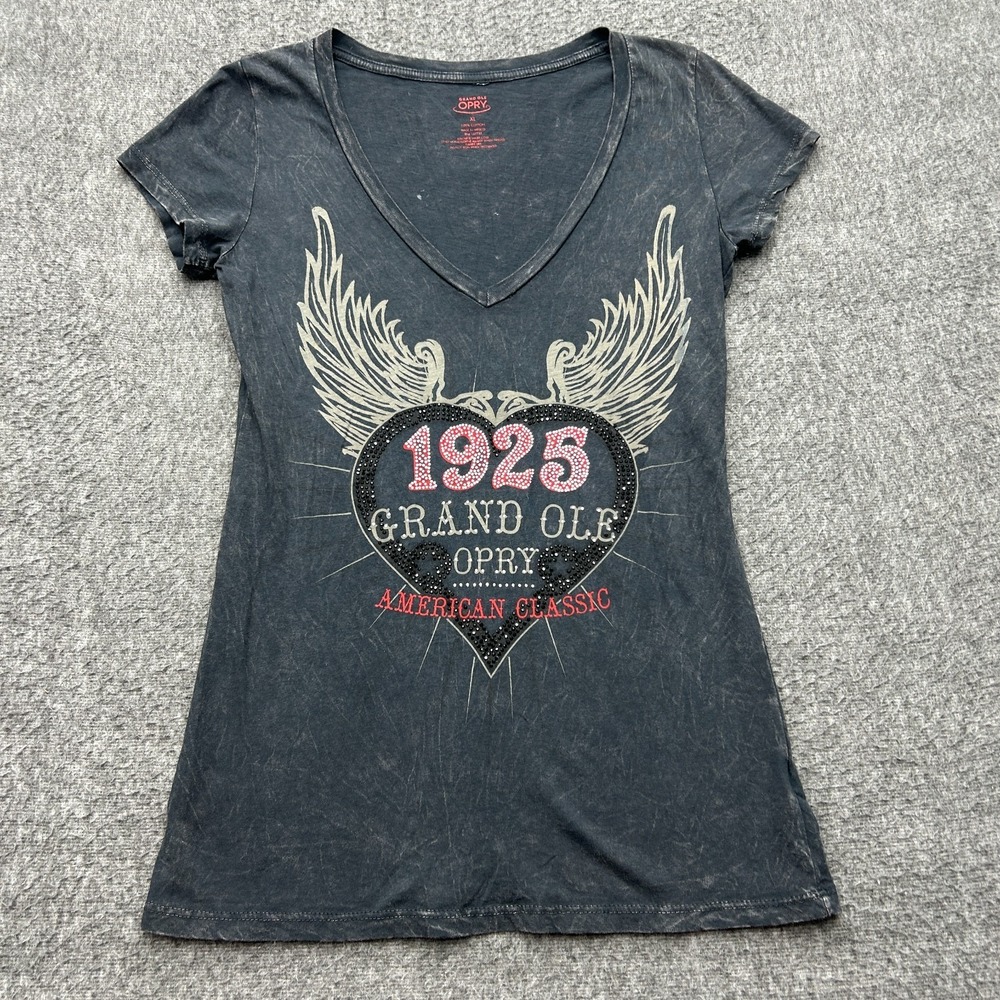 Grand Ole Opry Shirt Acid Wash V-Neck Graphic Rhinestone Wings XL